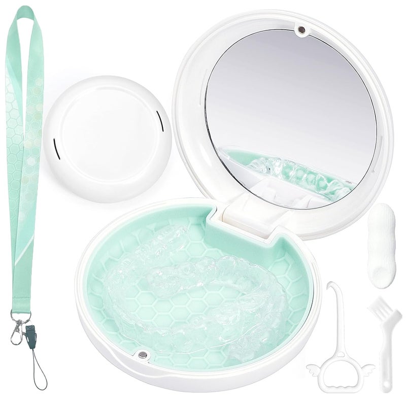 Gaboolo Store Retainer Case with Mirror and Lanyard,Slim Aligner Case with Vent Holes,Cute Dental Brace Box with Retainer Removal Tool and Brush (White Green with Lanyard) - Image 1